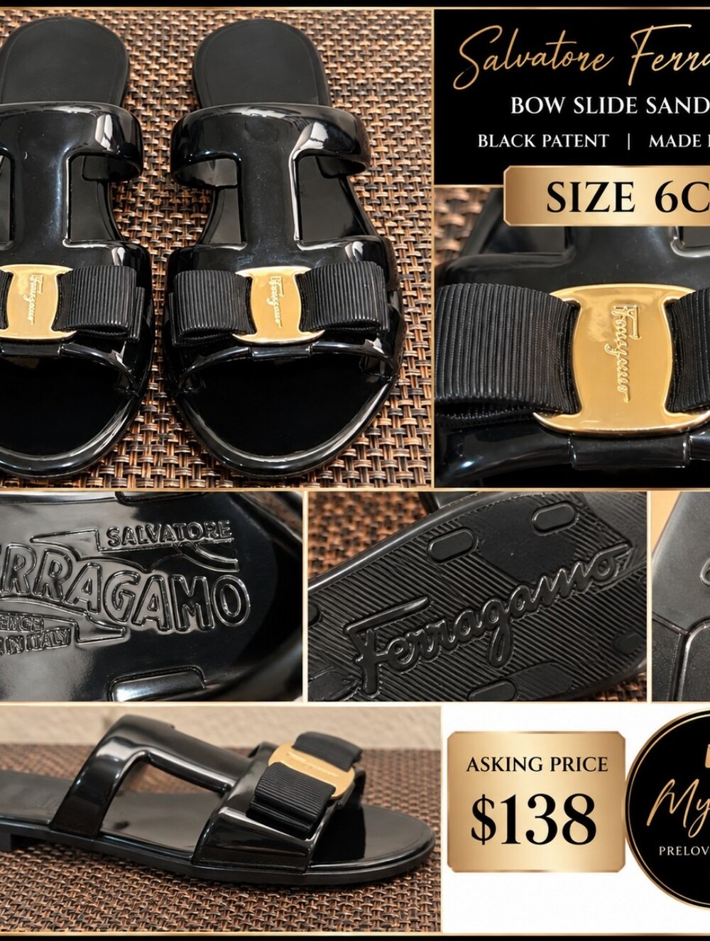 Salvatore Ferragamo Black Patent Bow Slide Sandals with Gold Accent